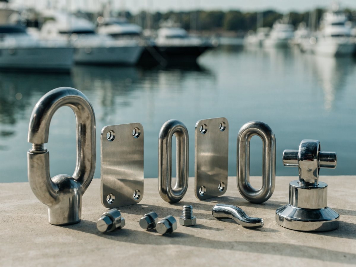 Polished marine-grade stainless steel towing and coupling hardware